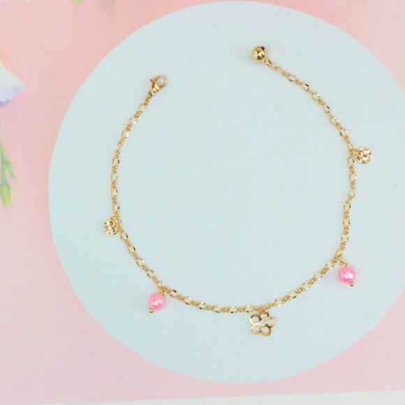 "Rose Gold Anklet with Pink Beads & Flower Charm, XPAL1168 - Picture 4 of 12